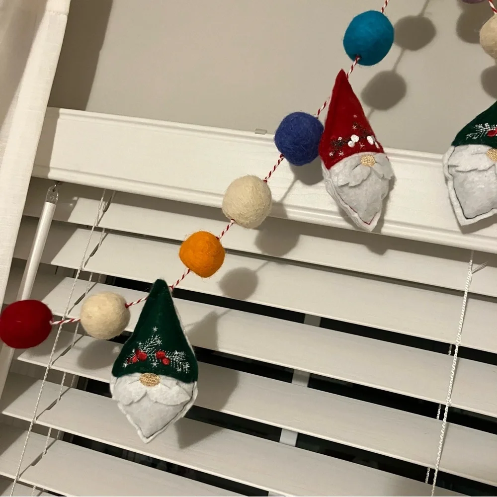 Handmade Garland with Embroidered stuffed gnomes and colorful wool felt balls